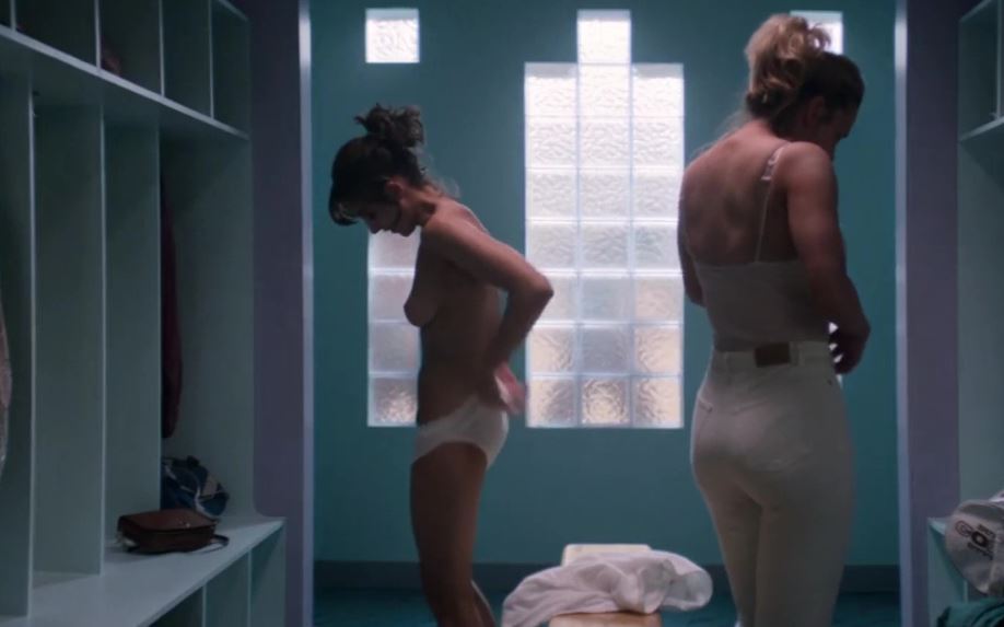 Alison Brie topless naked boobs while changing clothes. From Netflix show GLOW