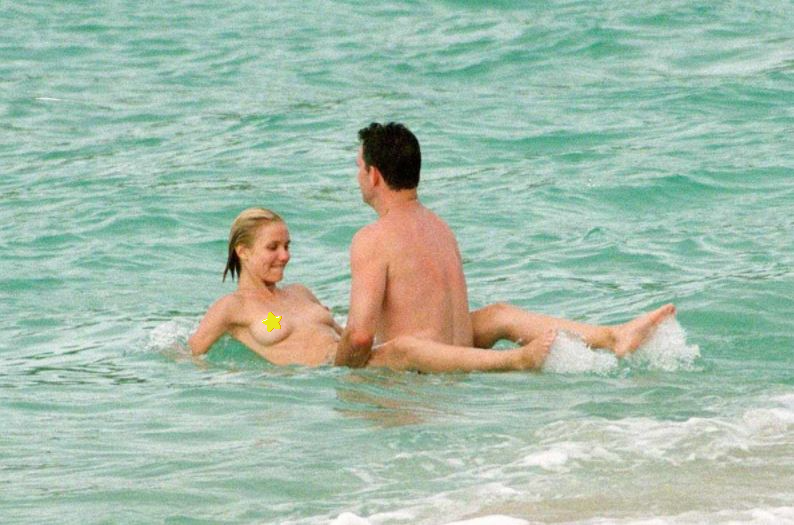 Cameron Diaz and her boyfriend are getting horny while swimming naked in the beach water