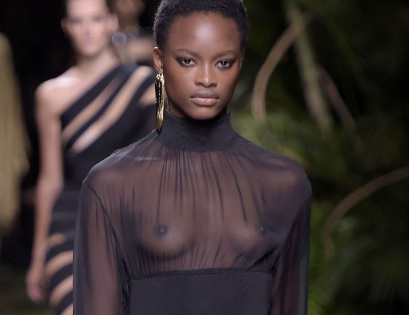 Famous ebony catwalk model Mayowa Nicholas in damn sexy see thu top making her tits and nipples totally visible