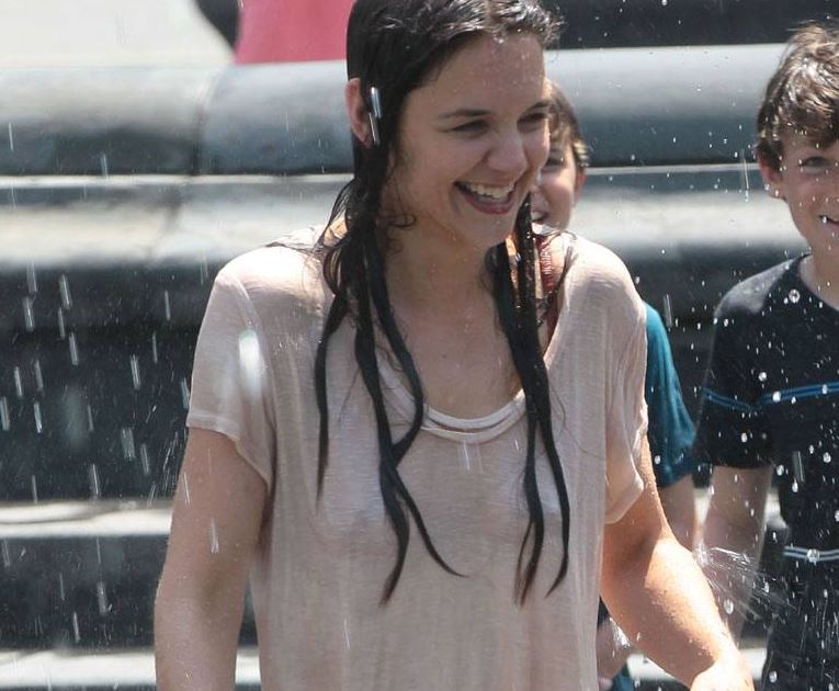 Hot babe Katie Holmes sexy candid in a (see through) wet white shirt