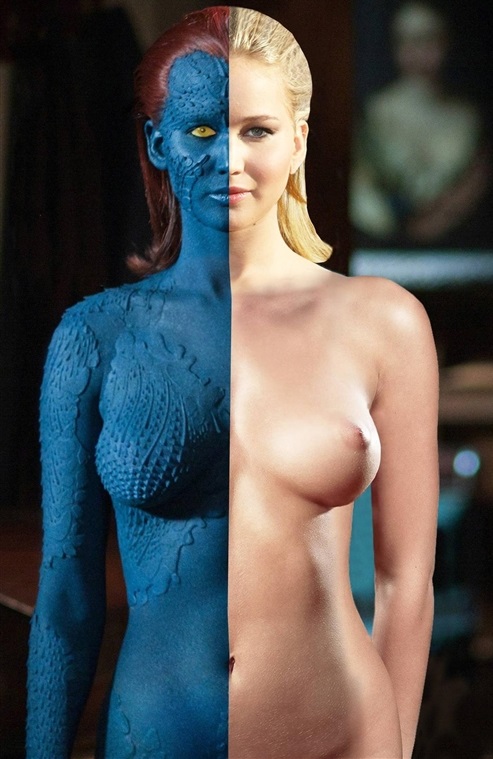 jennifer lawrence as mystique and herself nude comparison - naked tits topless boobs celeb