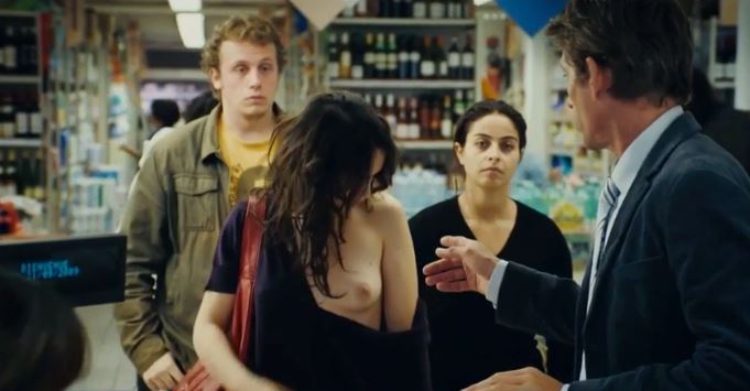 Sara Forestier her tits flip out in a public store. Topless boobs! Oops, tit slip.