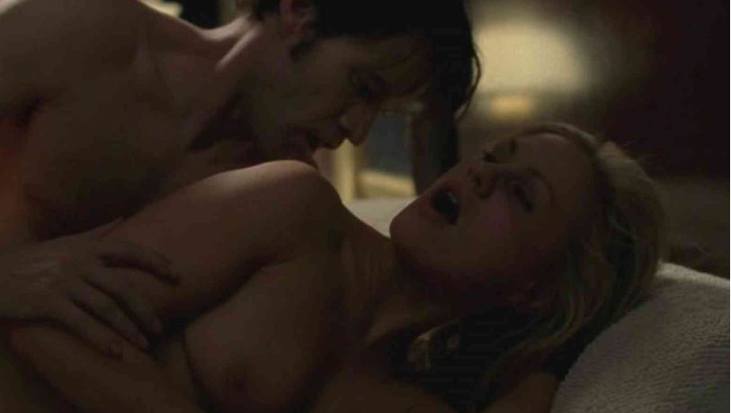 Sweet blonde True Blood star Anna paquin topless tits visible during horny #sex scene!