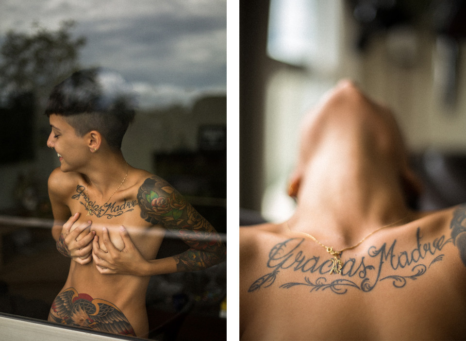 Maria Clara topless in front of the window